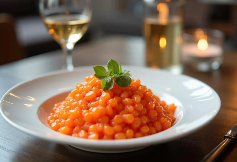 Une présentation impressionnante du plat final d'oeufs de saumon, dressé avec élégance sur une table, montrant la recette d'oeuf de saumon délicat.