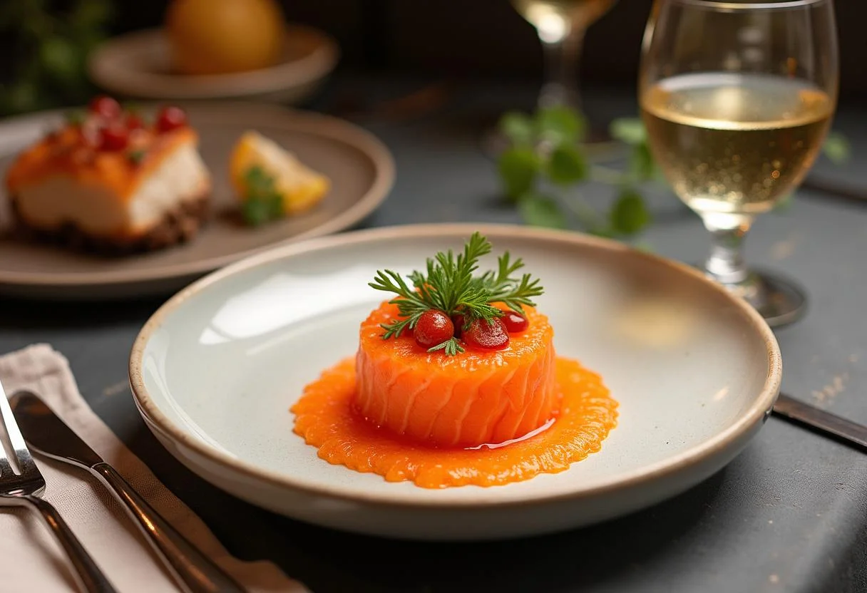 Une présentation impressionnante du plat final d'oeufs de saumon, dressé avec élégance sur une table, montrant la recette d'oeuf de saumon délicat.