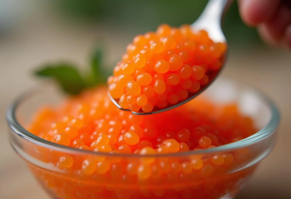 Un gros plan de caviar de saumon frais dans un petit bol en verre, représentant une recette d'oeuf de saumon.