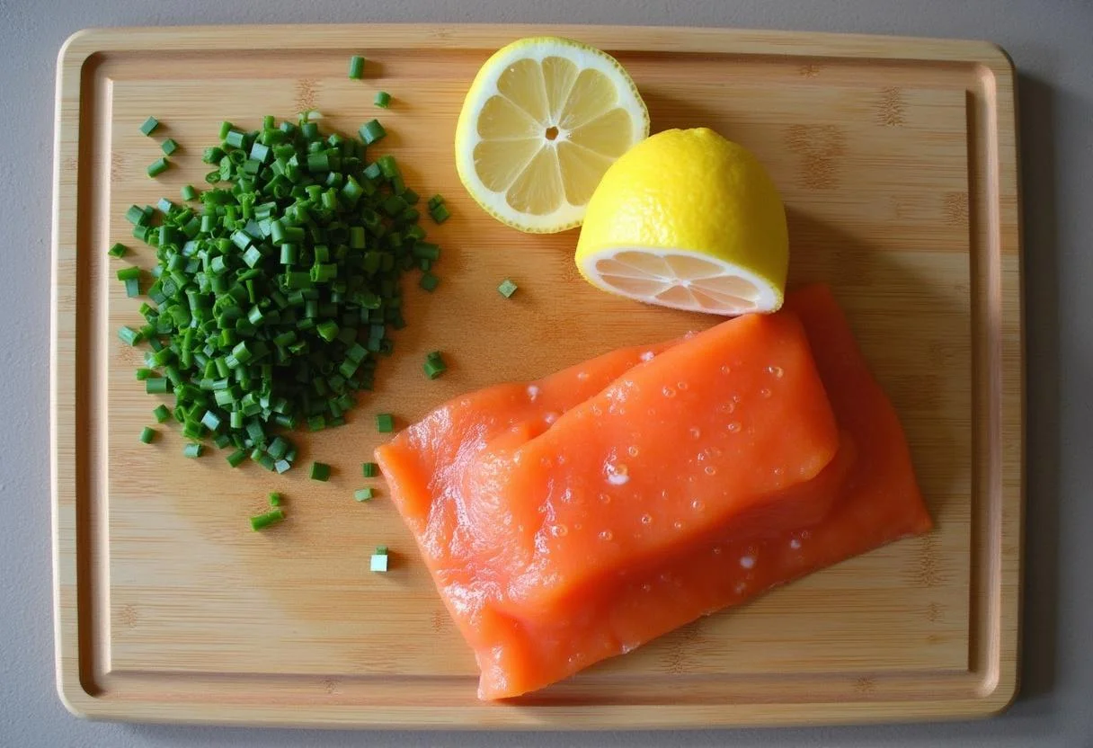 Une vue aérienne d'une planche à découper en bois avec des ciboules hachées et un citron tranché, parfaite pour la recette d'oeuf de saumon.