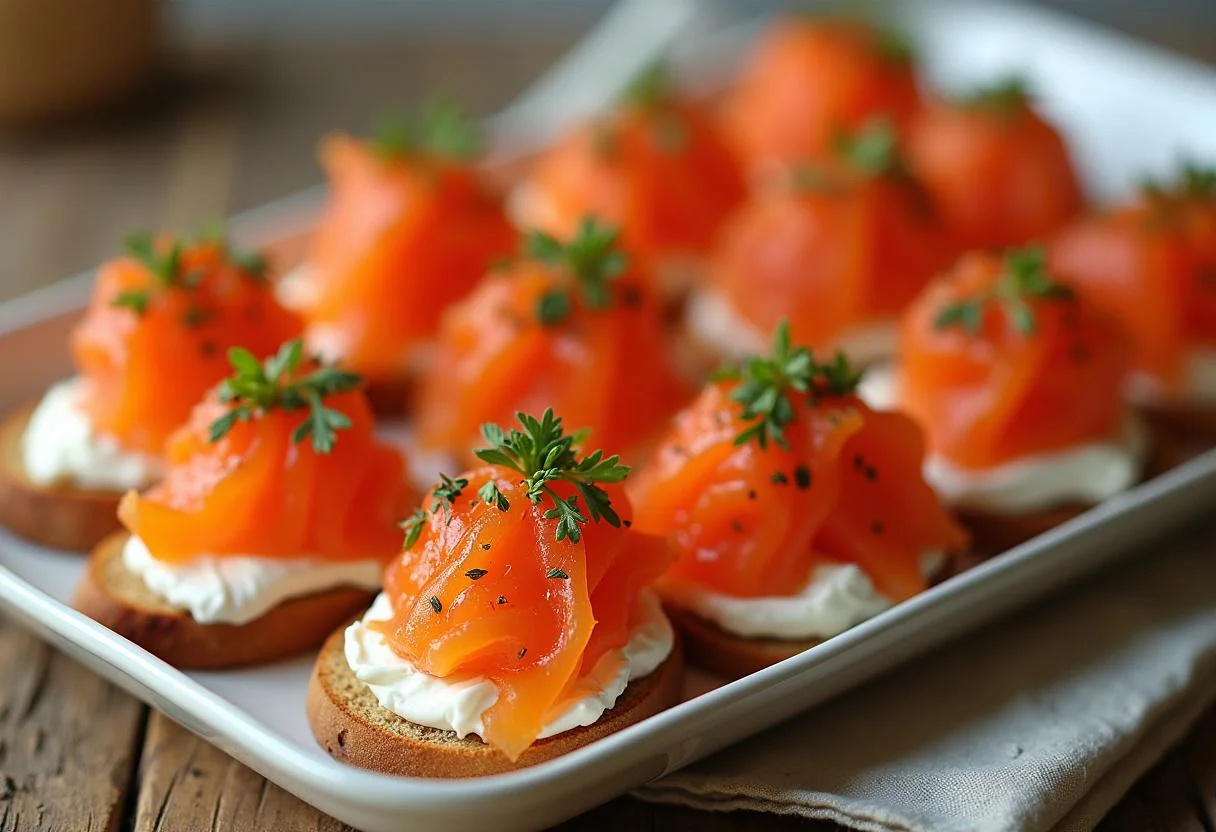 Des tranches de pain grillé avec du fromage à la crème et des herbes fraîches, prêtes pour la recette d'oeuf de saumon délicat.