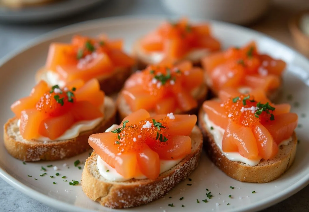 Un plateau élégant présentant des tranches de pain avec des oeufs de saumon, des herbes hachées et une pincée de sel de mer, illustrant la recette d'oeuf de saumon délicat.
