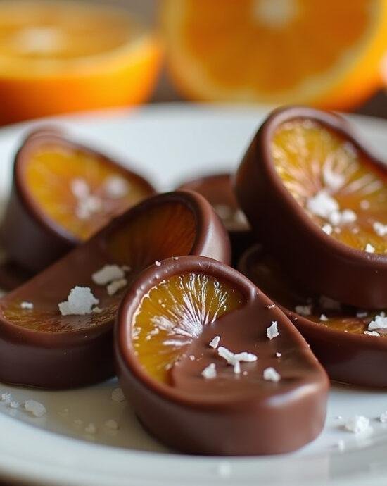 Présentation finale des orangettes au chocolat confites maison : assiette d'orangettes brillantes, illustrant la recette orangettes au chocolat.