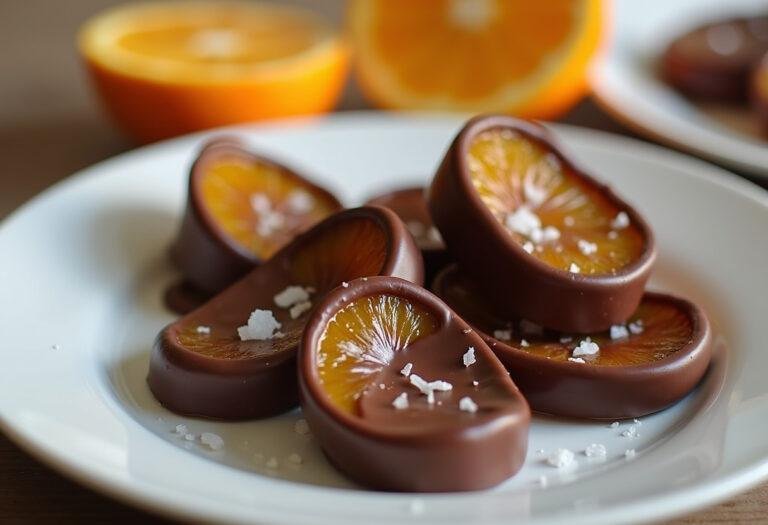 Présentation finale des orangettes au chocolat confites maison : assiette d'orangettes brillantes, illustrant la recette orangettes au chocolat.