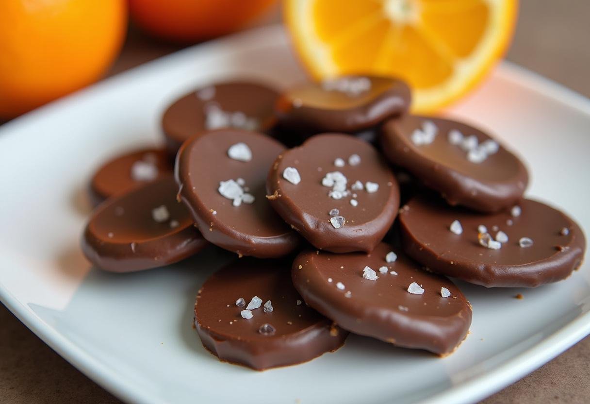 Présentation finale des orangettes au chocolat confites maison : assiette d'orangettes brillantes, illustrant la recette orangettes au chocolat.