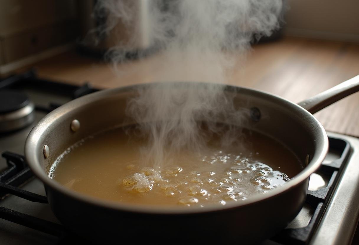Sirop pour orangettes au chocolat : pot sur le feu avec un mélange d'eau et de sucre, illustrant la recette orangettes au chocolat confites.