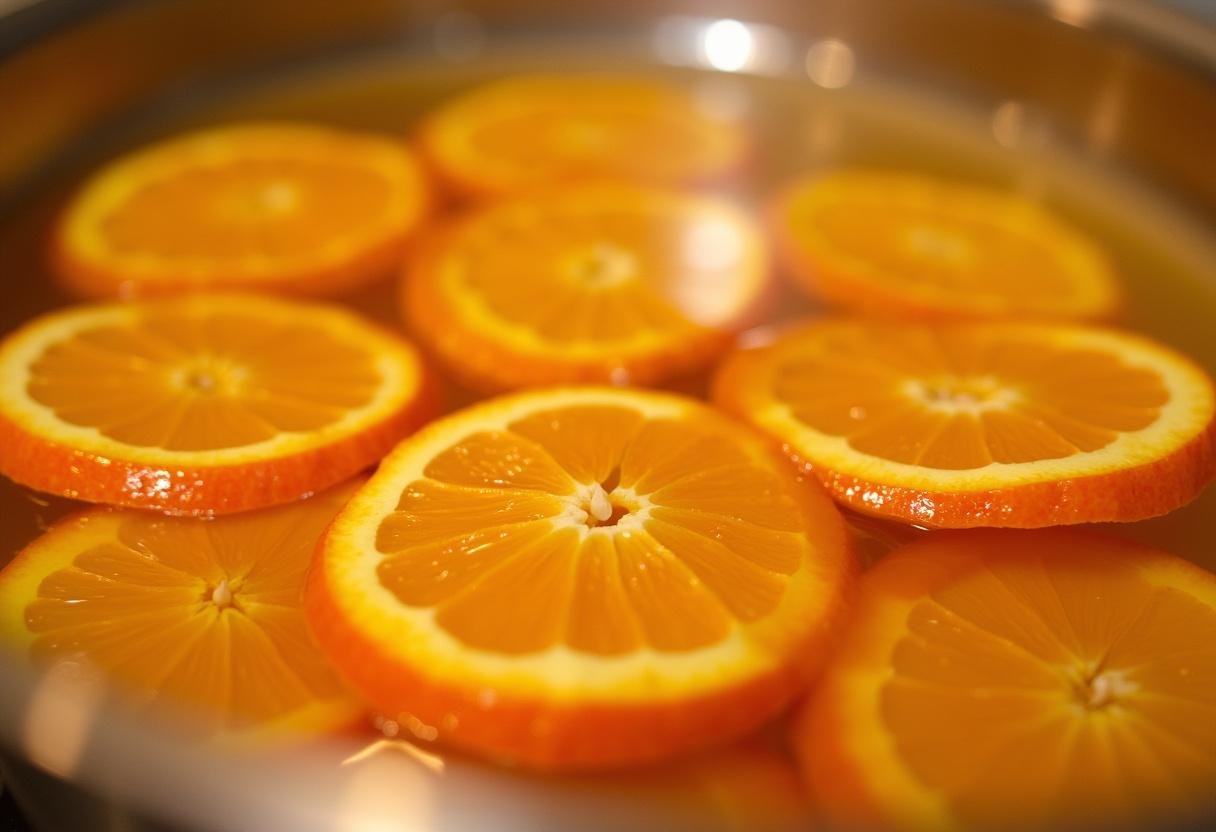 Tranches d'orange confites dans le sirop : processus de préparation des orangettes au chocolat, en mettant en évidence la recette facile pour un dessert chocolat.