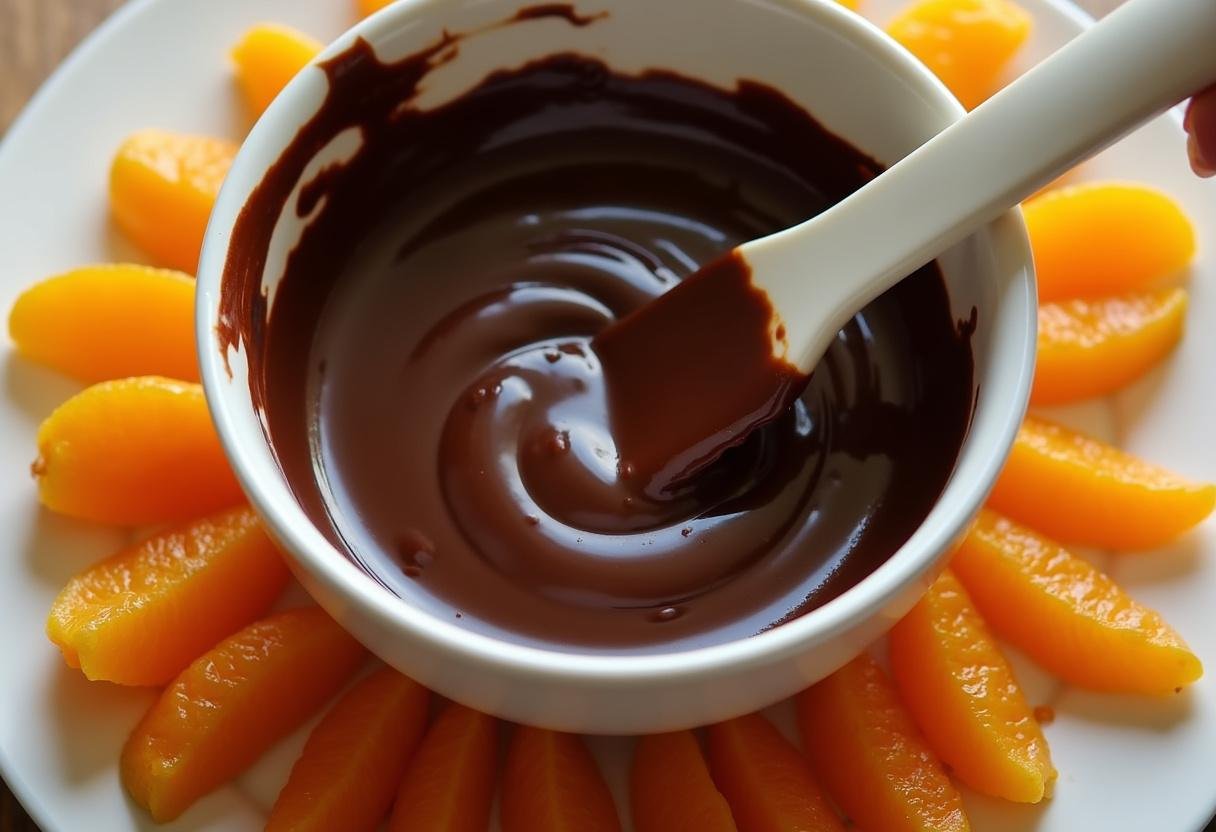 Chocolat noir fondu prêt à enrober les orangettes : un aperçu de la confiserie chocolatée dans la recette orangettes au chocolat.