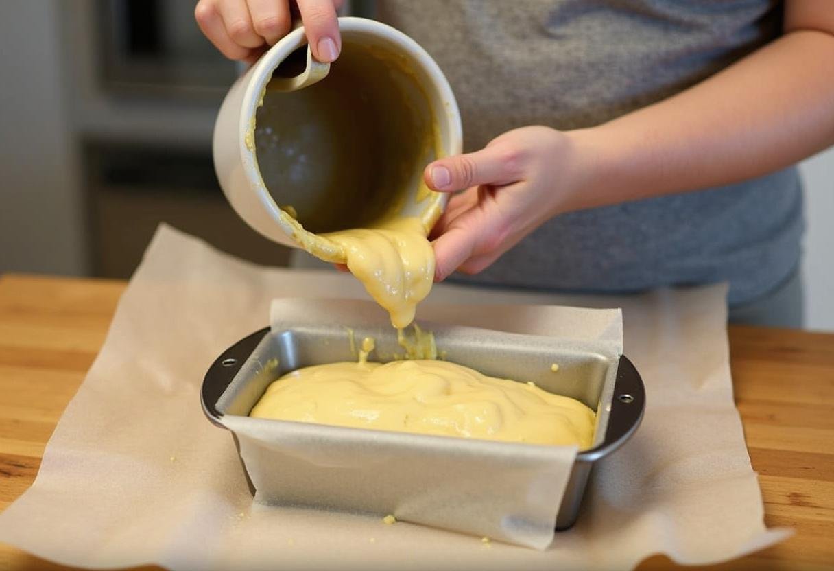 Transfert de la pâte dans un moule pour préparer un pain protéiné.