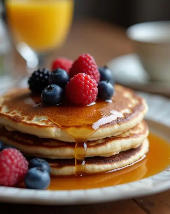 Pancakes flocons d'avoine présentés avec des baies et du sirop d'érable, parfaits pour le petit-déjeuner.