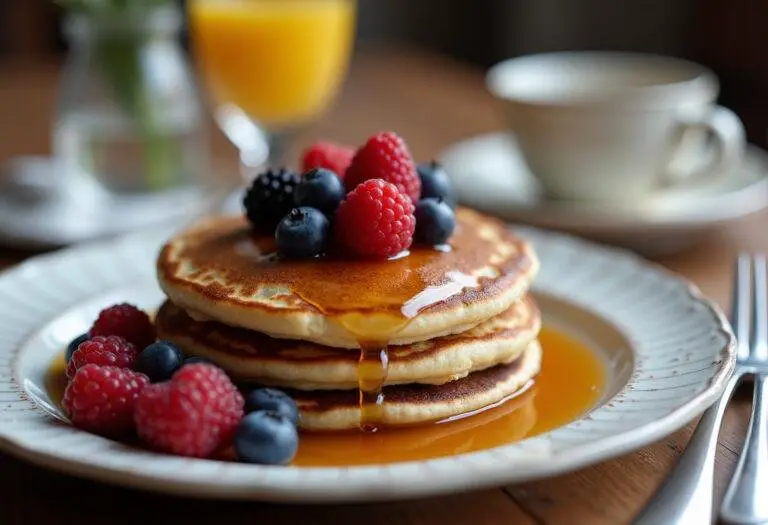 Pancakes flocons d'avoine présentés avec des baies et du sirop d'érable, parfaits pour le petit-déjeuner.