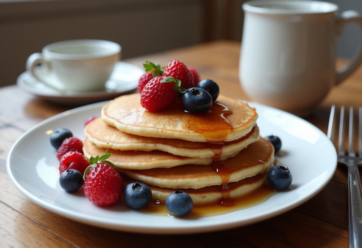 Pancakes flocons d'avoine présentés avec des baies et du sirop d'érable, parfaits pour le petit-déjeuner.