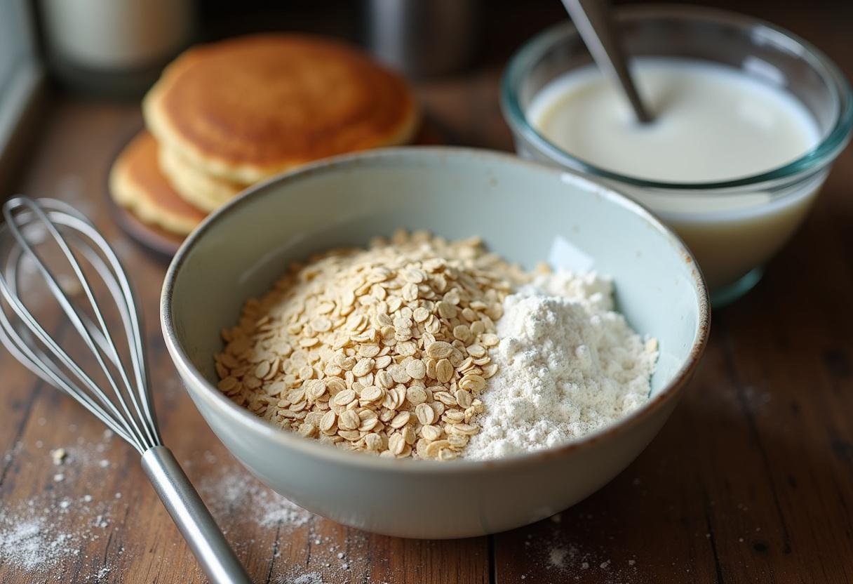 Préparation des ingrédients pour la recette pancakes flocons d'avoine avec des flocons d'avoine et de la farine dans un bol.