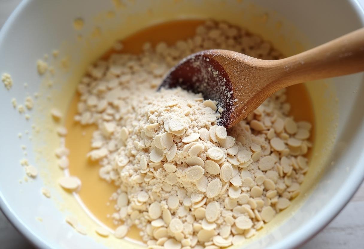 Mélange de flocons d'avoine et de farine dans un bol pour la recette pancake flocon d'avoine.