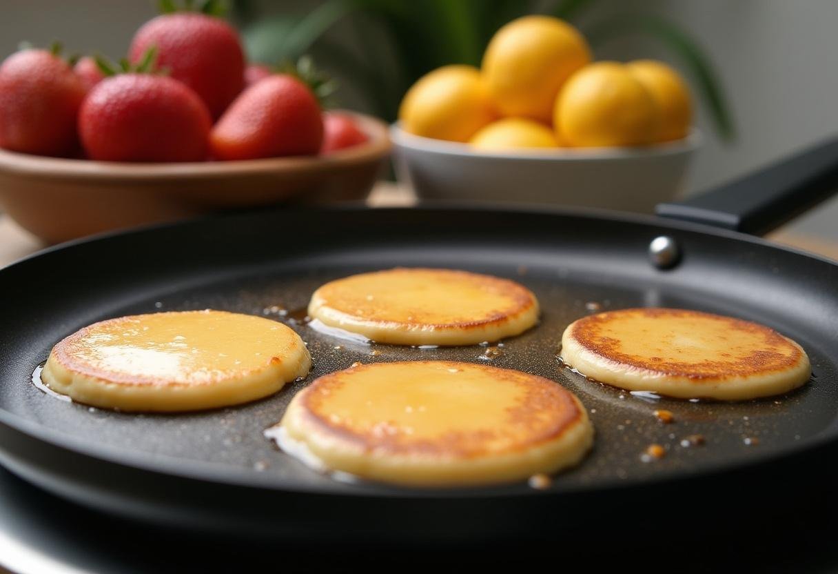 Préparation de pancakes flocons d'avoine dorés sur une plaque chaude, prêts à être servis.