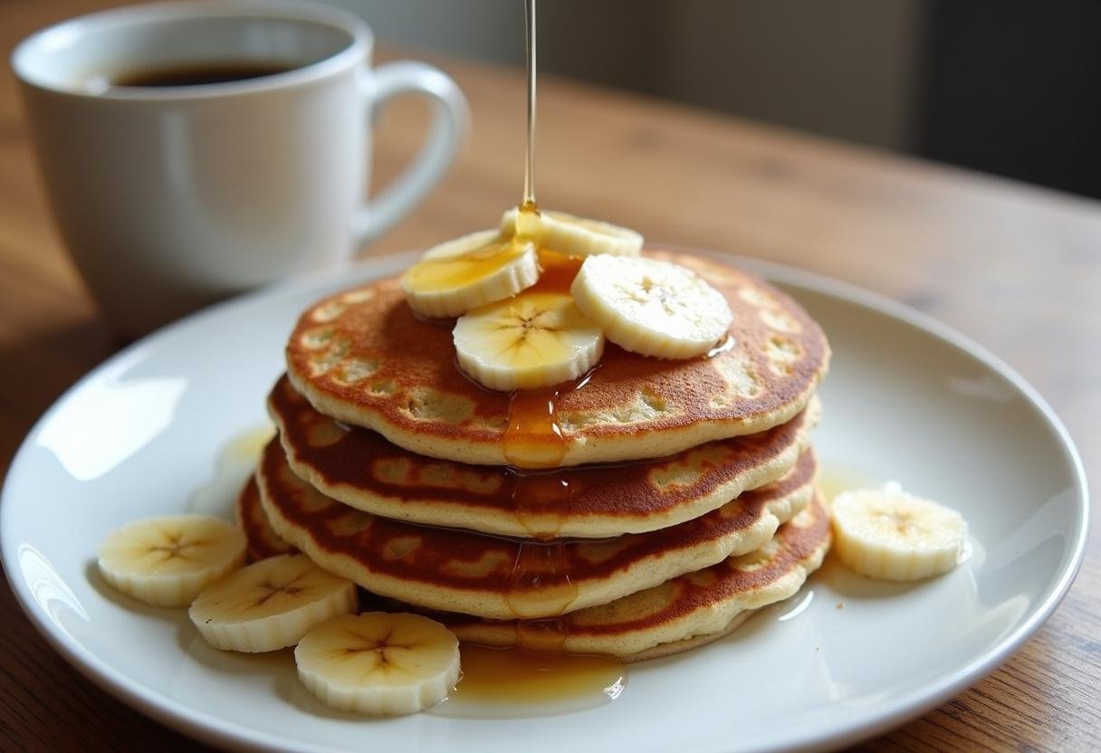 Pancakes flocons d'avoine empilés avec des bananes et du miel sur une assiette blanche pour une belle présentation.