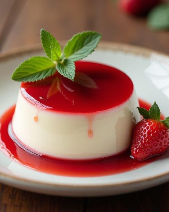 Panna cotta à la fraise finie sur une table en bois, montrant des fraises fraîches et une garniture de feuilles de menthe.