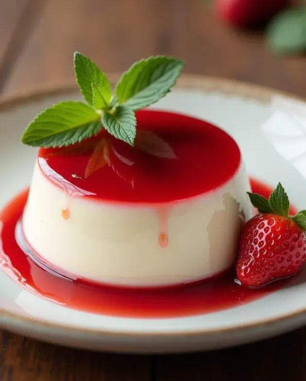 Panna cotta à la fraise finie sur une table en bois, montrant des fraises fraîches et une garniture de feuilles de menthe.