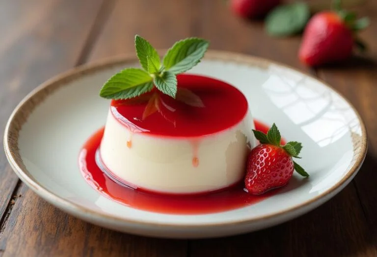 Panna cotta à la fraise finie sur une table en bois, montrant des fraises fraîches et une garniture de feuilles de menthe.