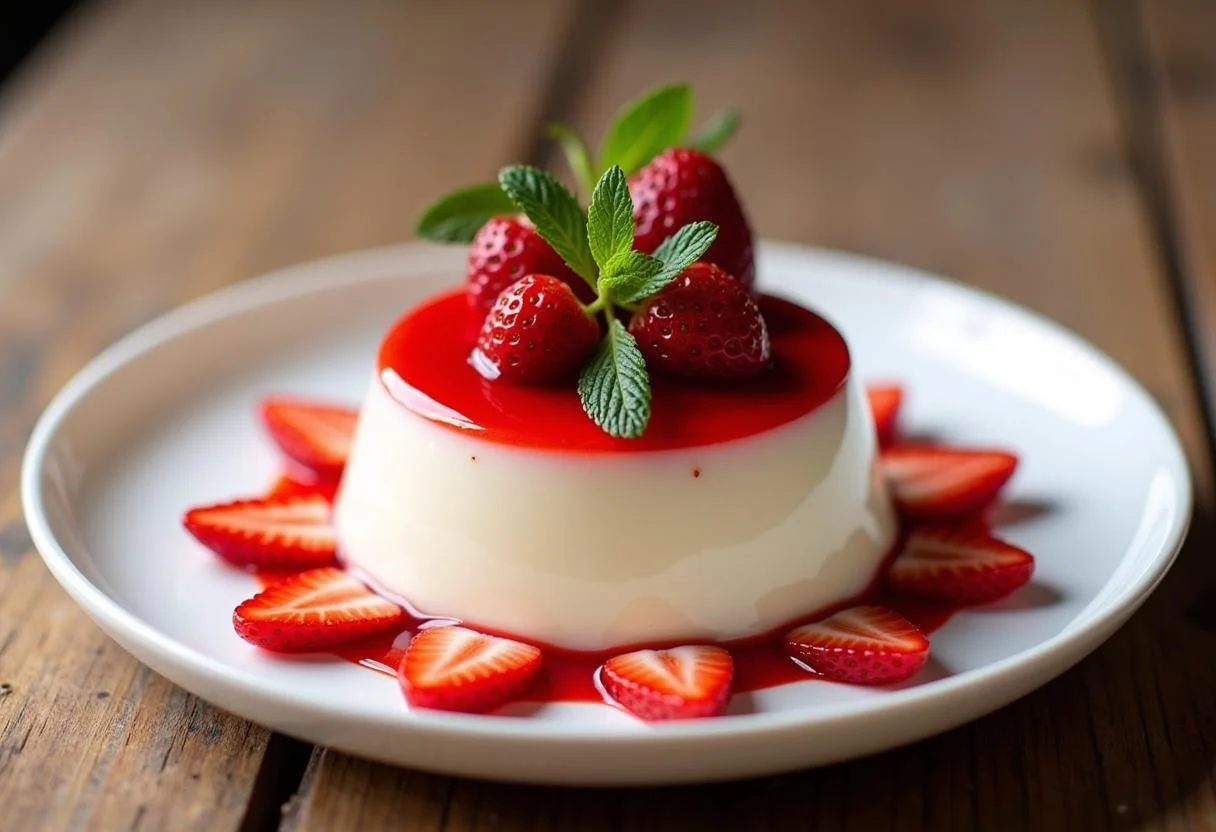 Panna cotta à la fraise finie sur une table en bois, montrant des fraises fraîches et une garniture de feuilles de menthe.