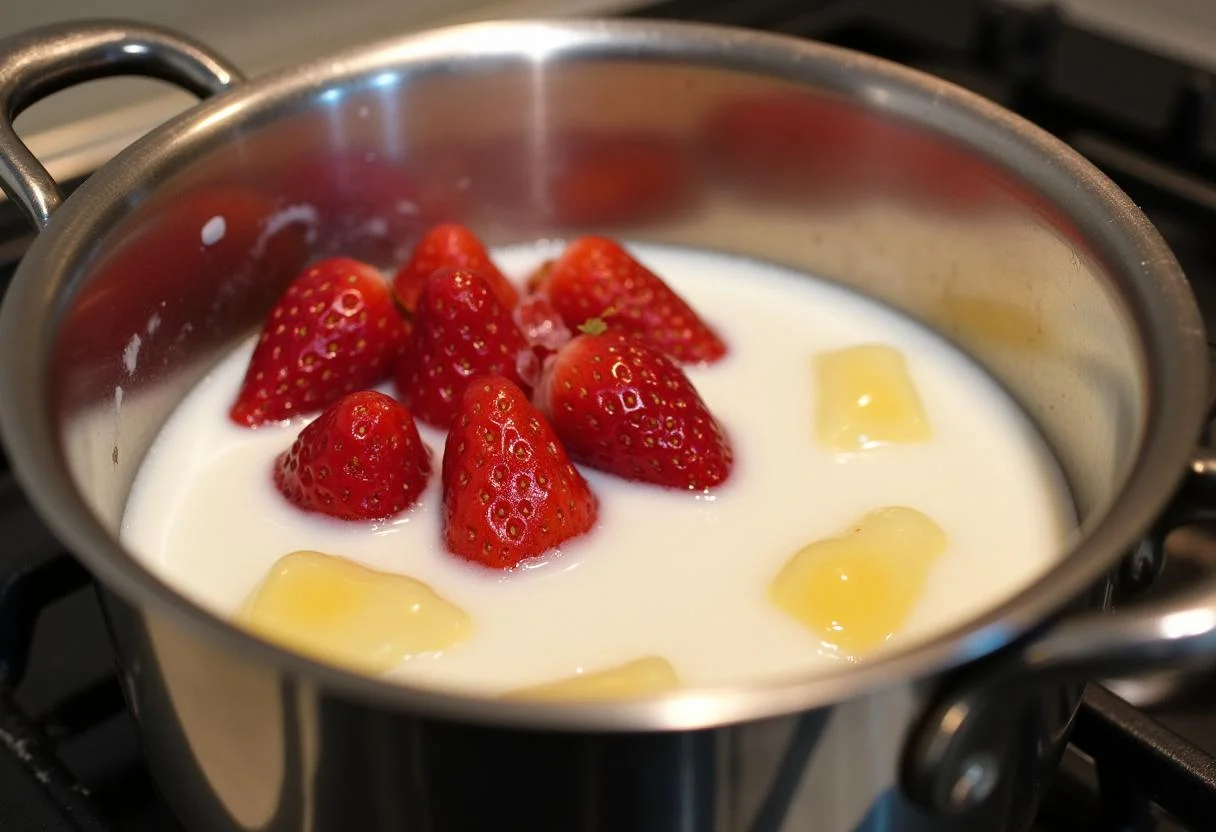 Préparation de la panna cotta à la fraise dans une casserole avec de la crème et des fraises fraîches en arrière-plan.