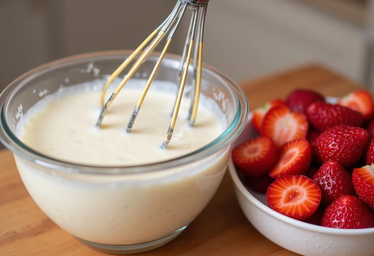 Dissolution des feuilles de gélatine dans de l'eau froide pour la panna cotta à la fraise, avec des fraises tranchées autour.
