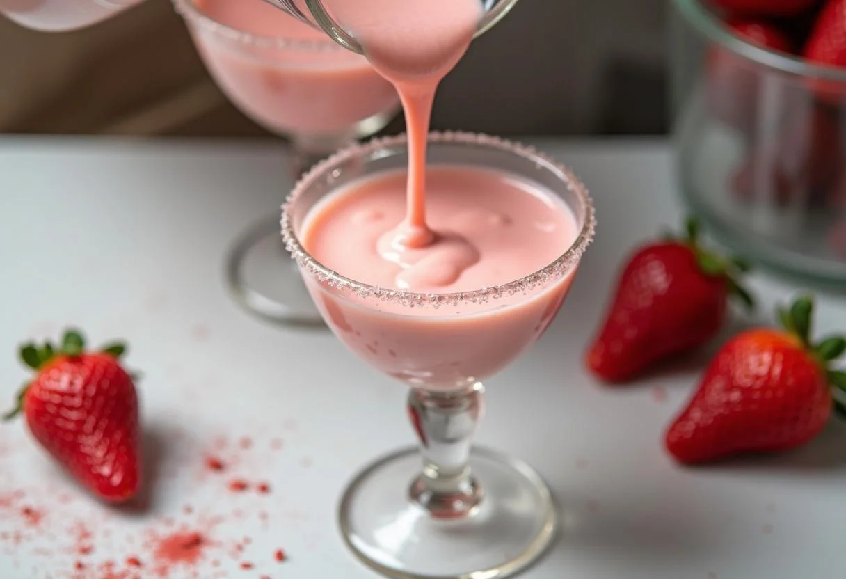 Versement de la crème de panna cotta à la fraise dans des coupes à dessert pour la préparation du plat.