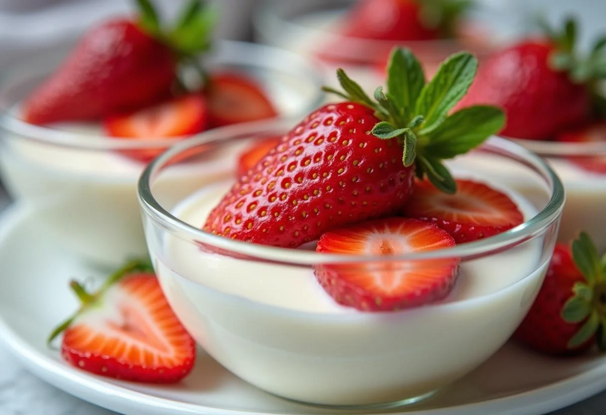 Décoration de la panna cotta à la fraise avec des tranches de fraises fraîches et des feuilles de menthe.