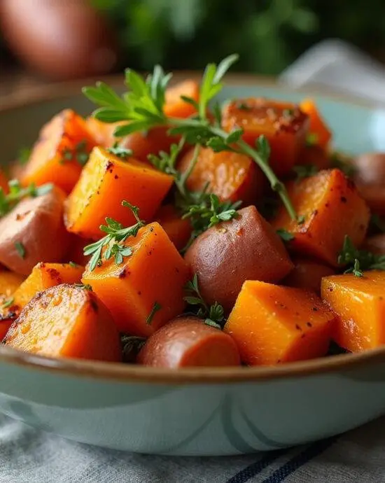 Patates douces rôties au four parfaitement présentées avec des herbes fraîches, idéales pour une recette savoureuse.
