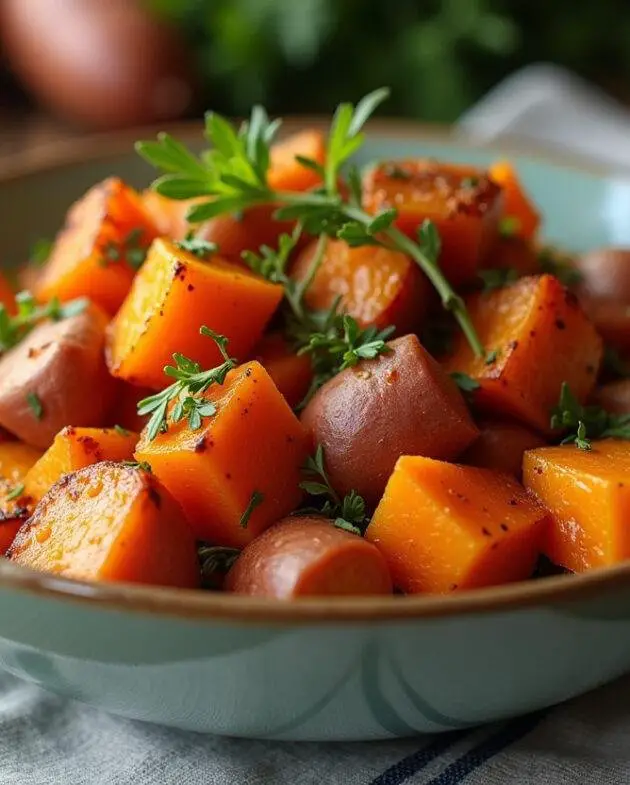 Patates douces rôties au four parfaitement présentées avec des herbes fraîches, idéales pour une recette savoureuse.