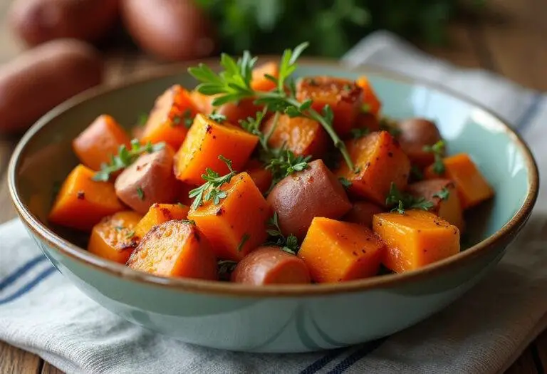 Patates douces rôties au four parfaitement présentées avec des herbes fraîches, idéales pour une recette savoureuse.