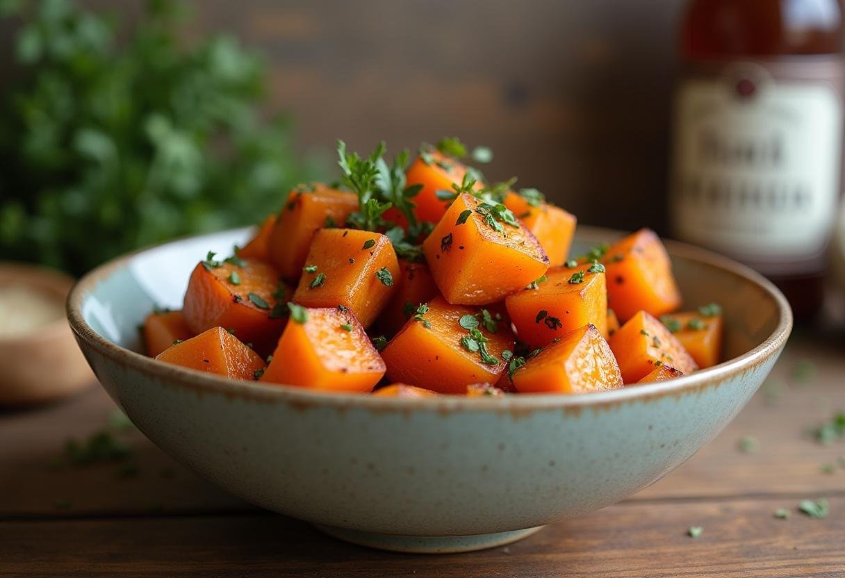 Patates douces rôties au four parfaitement présentées avec des herbes fraîches, idéales pour une recette savoureuse.