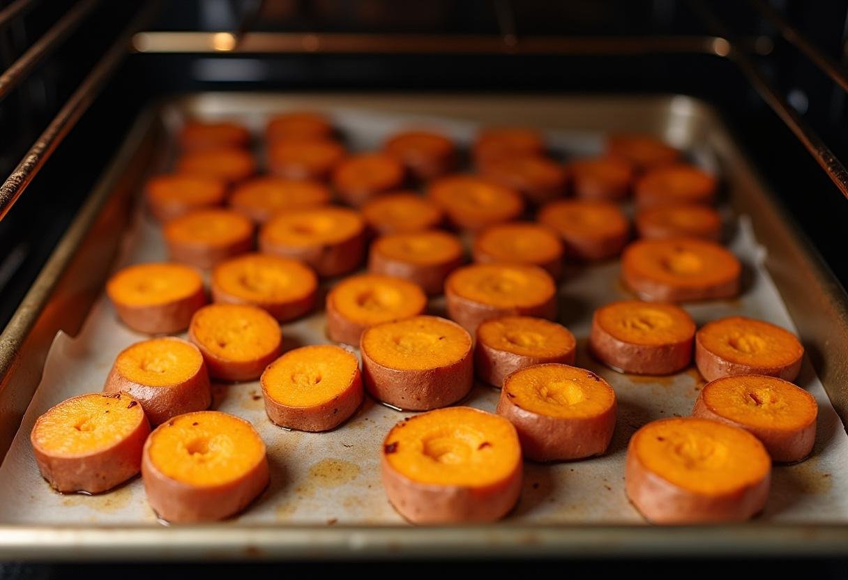 Cuisson des patates douces au four jusqu'à ce qu'elles soient dorées et tendres, parfaites pour une recette de patates douces rôties.
