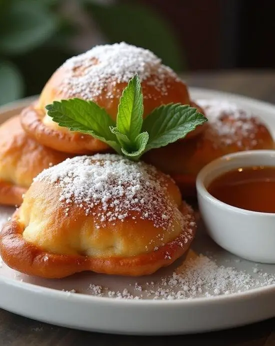 Présentation d'une assiette de pâte à beignet aux pommes, avec des beignets chauds et une sauce caramel.
