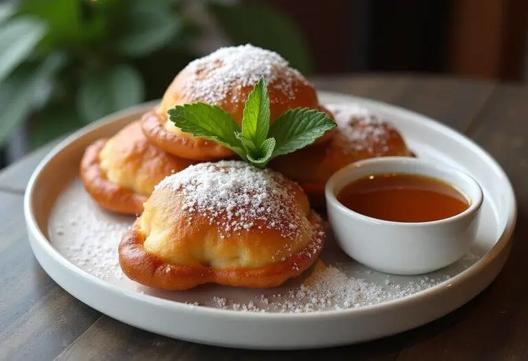 Présentation d'une assiette de pâte à beignet aux pommes, avec des beignets chauds et une sauce caramel.