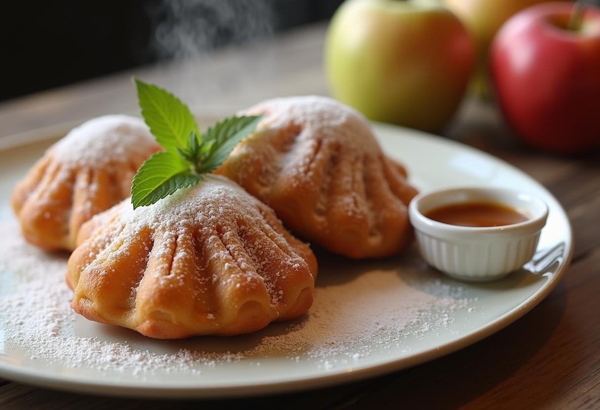 Présentation d'une assiette de pâte à beignet aux pommes, avec des beignets chauds et une sauce caramel.