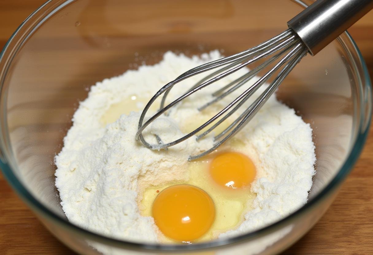 Préparation de la pâte à beignet pomme avec farine et œuf dans un bol sur un comptoir de cuisine en bois.