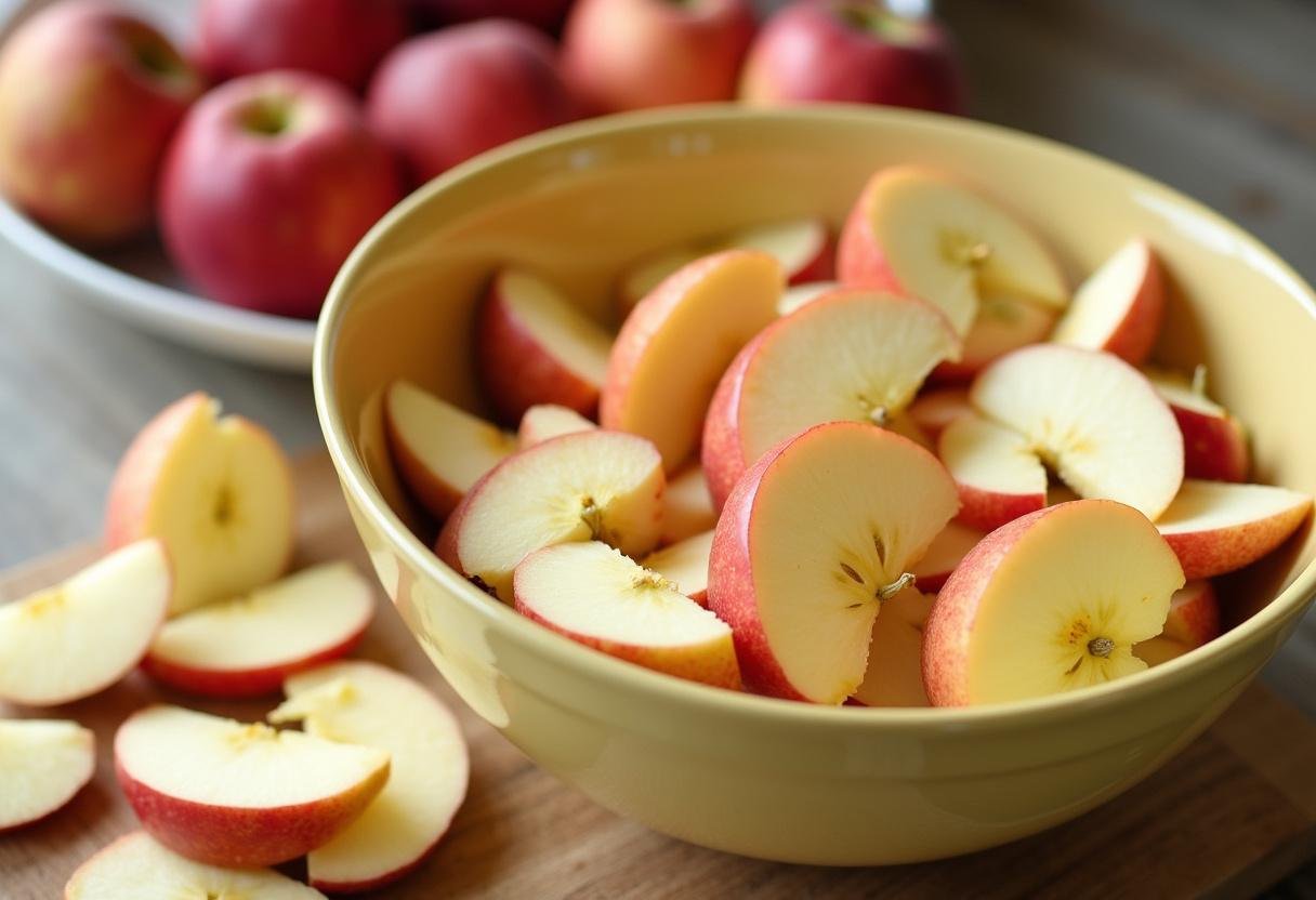 Tranches de pommes fraîches préparées pour une recette de pâte à beignet aux pommes, présentées sur un comptoir.