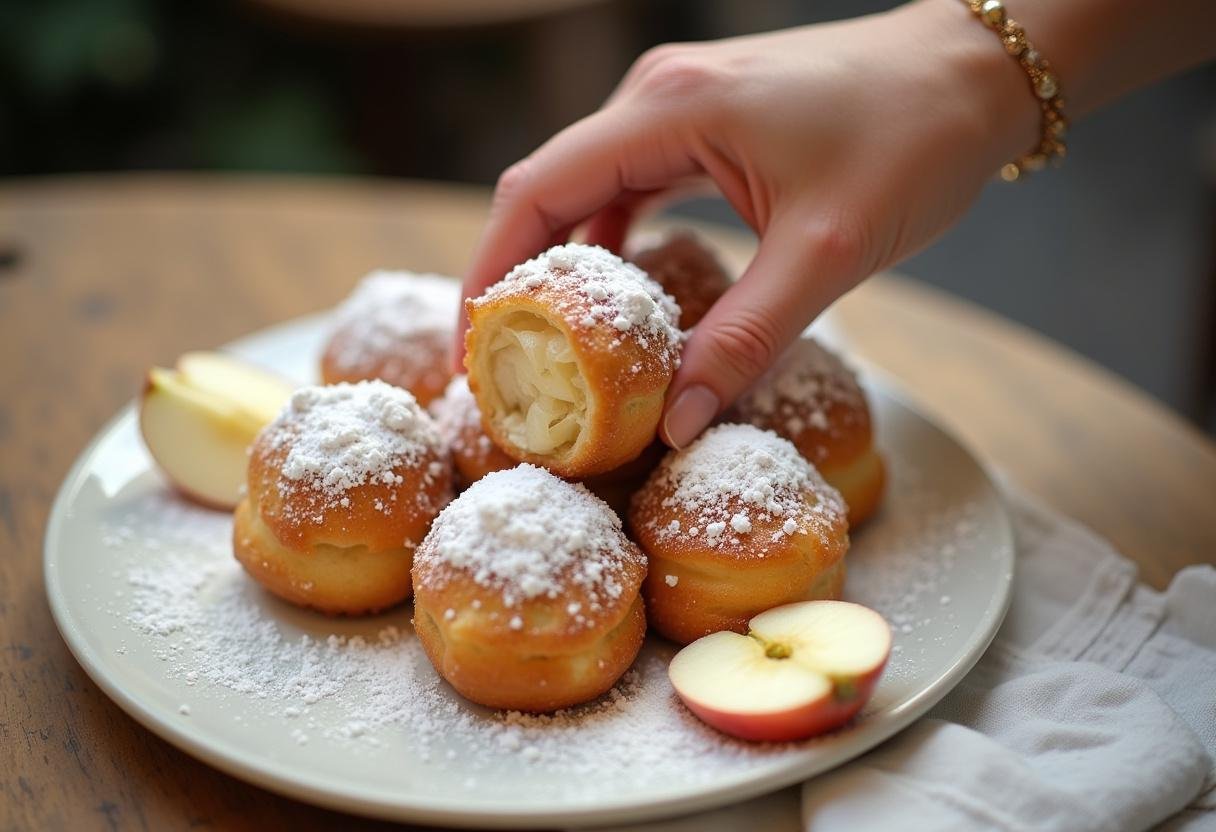 Beignets dorés à la pomme saupoudrés de sucre glace, disposés sur une assiette avec des tranches de pommes.