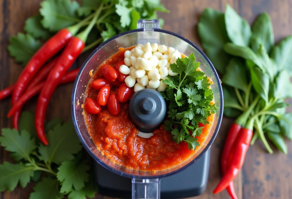 Préparation de la pâte de curry rouge avec des piments rouges frais et des herbes, recette pate de curry rouge.
