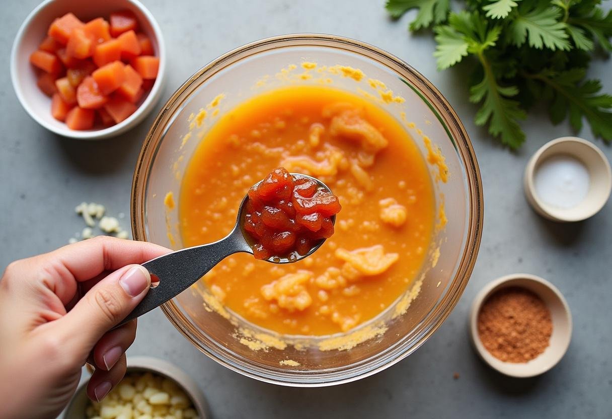 Mélange de pâte de curry rouge dans un bol avec de la sauce de poisson et de la pâte de crevettes, recette pate de curry rouge.