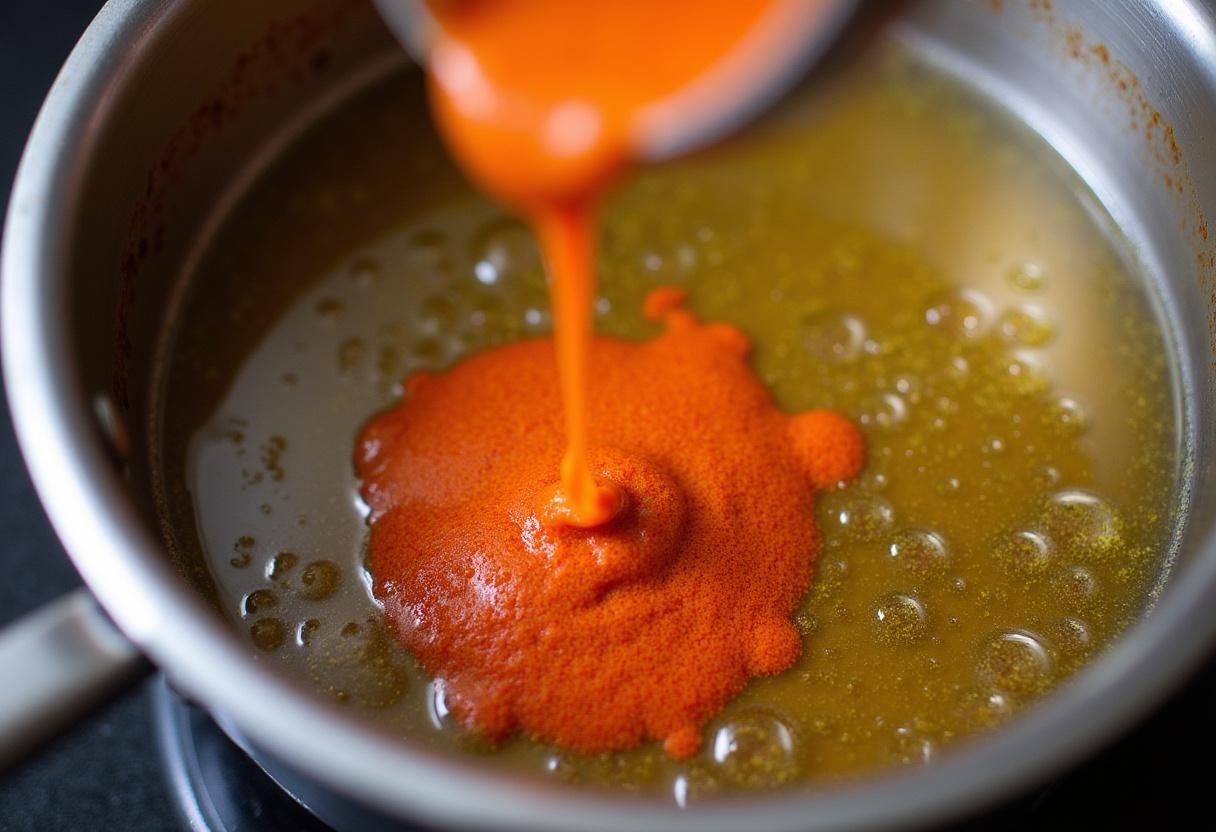 Cuisson de la pâte de curry rouge dans une casserole avec de l'huile de noix de coco chaude, recette pate de curry rouge.