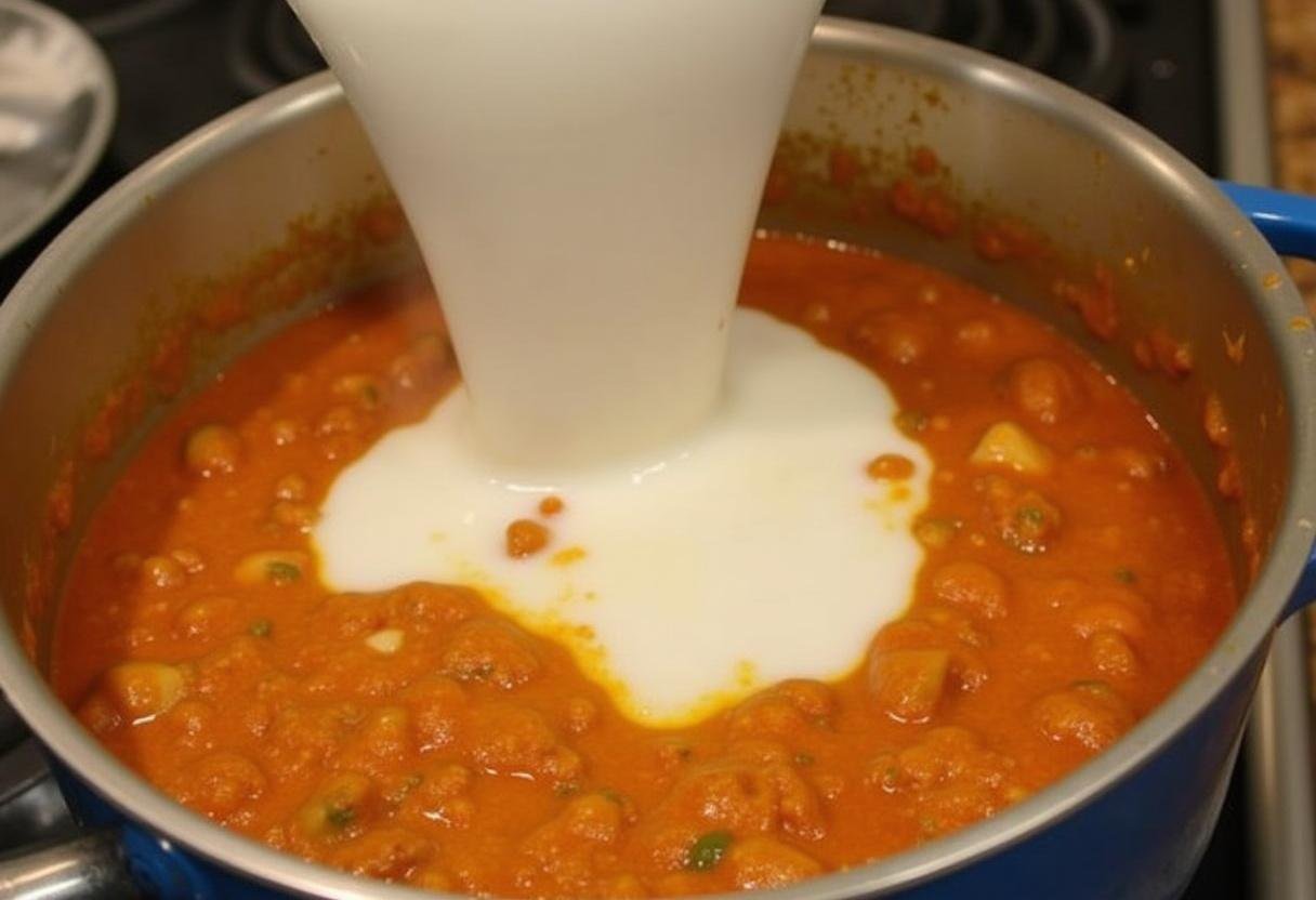 Ajout de lait de coco à la pâte de curry rouge dans une casserole, recette pate de curry rouge.