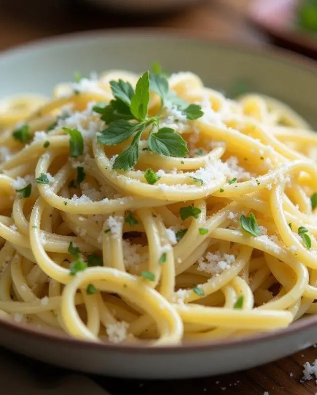 Présentation de pâtes crémeuses aux poireaux et Parmesan, plat réconfortant et savoureux, garni d'herbes fraîches.