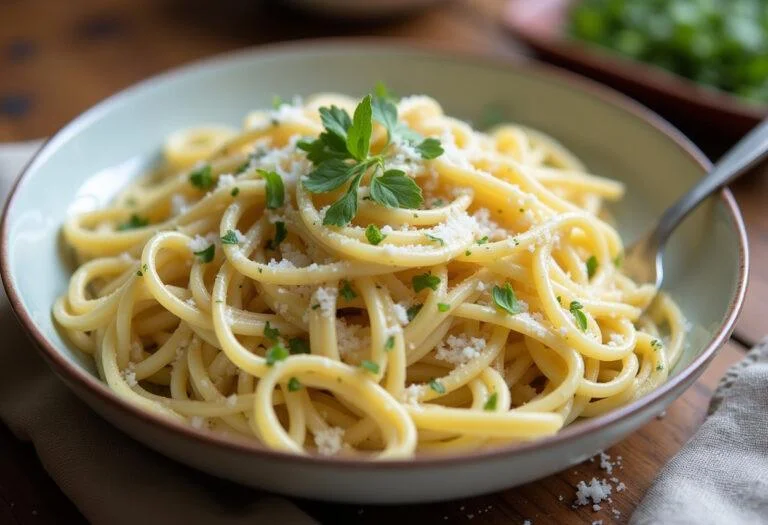 Présentation de pâtes crémeuses aux poireaux et Parmesan, plat réconfortant et savoureux, garni d'herbes fraîches.