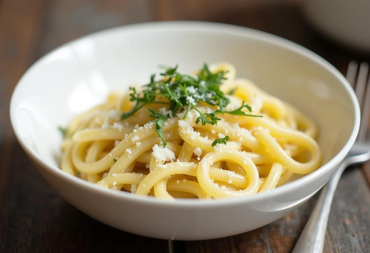 Présentation de pâtes crémeuses aux poireaux et Parmesan, plat réconfortant et savoureux, garni d'herbes fraîches.