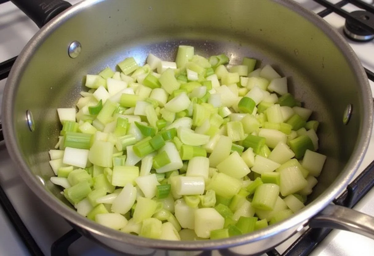 Poêlage des poireaux dans du beurre pour des pâtes crémeuses, une cuisson délicate pour un goût savoureux.