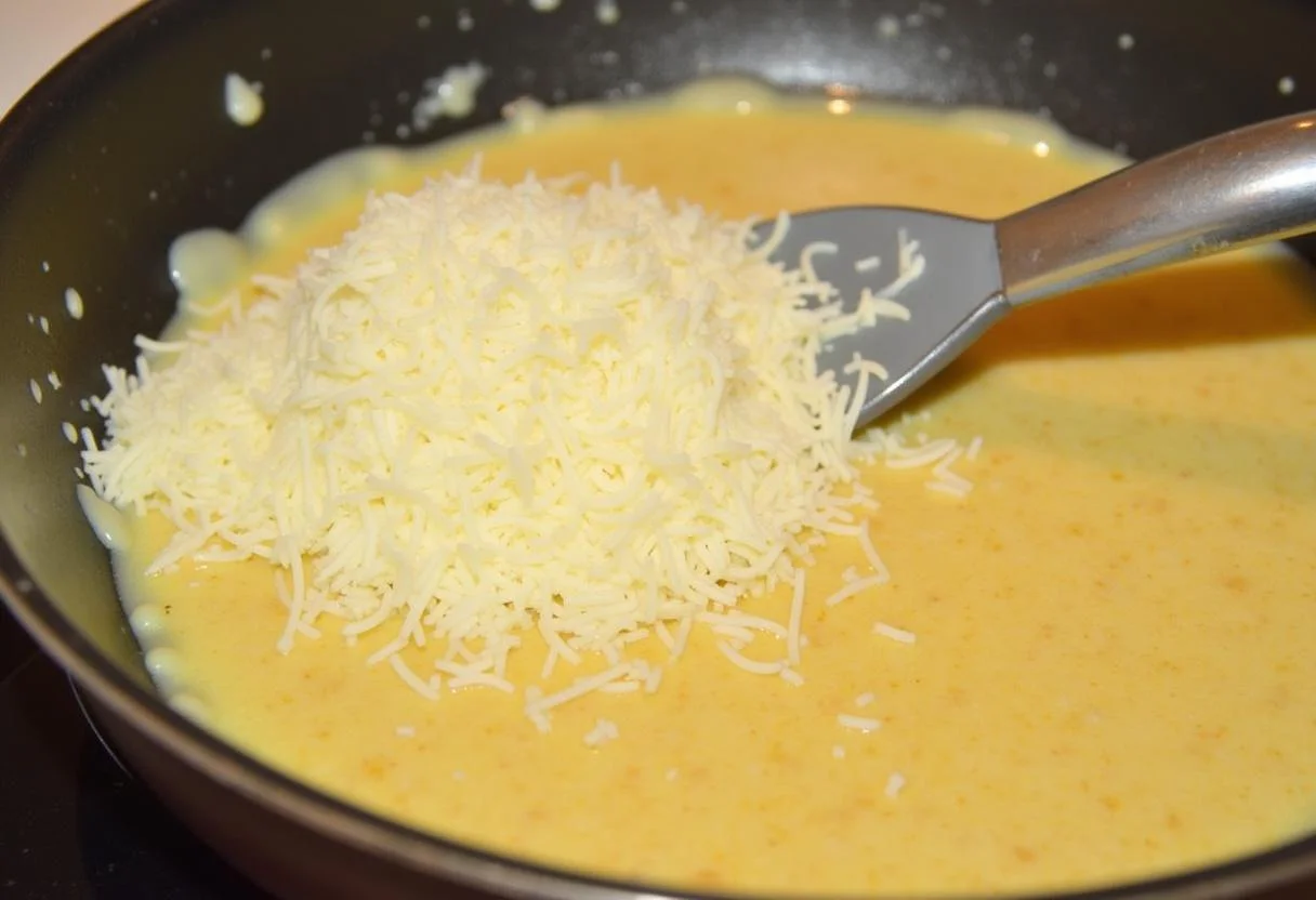 Mélange de crème épaisse et de Parmesan dans la poêle, créant une sauce riche et délicieuse pour les pâtes.