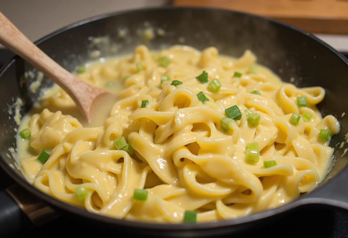 Ajout des pâtes al dente à la sauce crémeuse aux poireaux, mélange harmonieux et appétissant.
