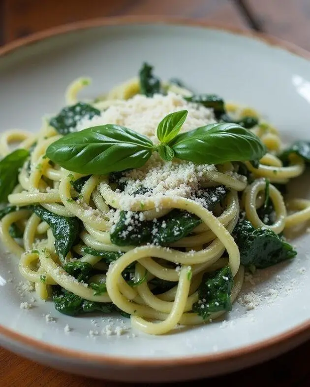 Plat de pâtes à la ricotta et épinards, garni de basilic frais et de parmesan, sur une table rustique.